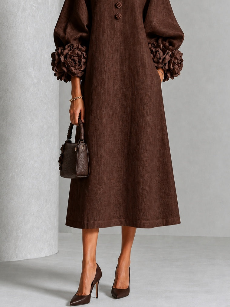 Marisol - Vestido Midi Café con Botones y Mangas Florales Extravagantes