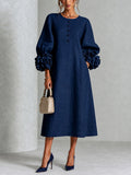 Valentina - Vestido Midi Azul Marino Floral con Botones y Mangas Extravagantes