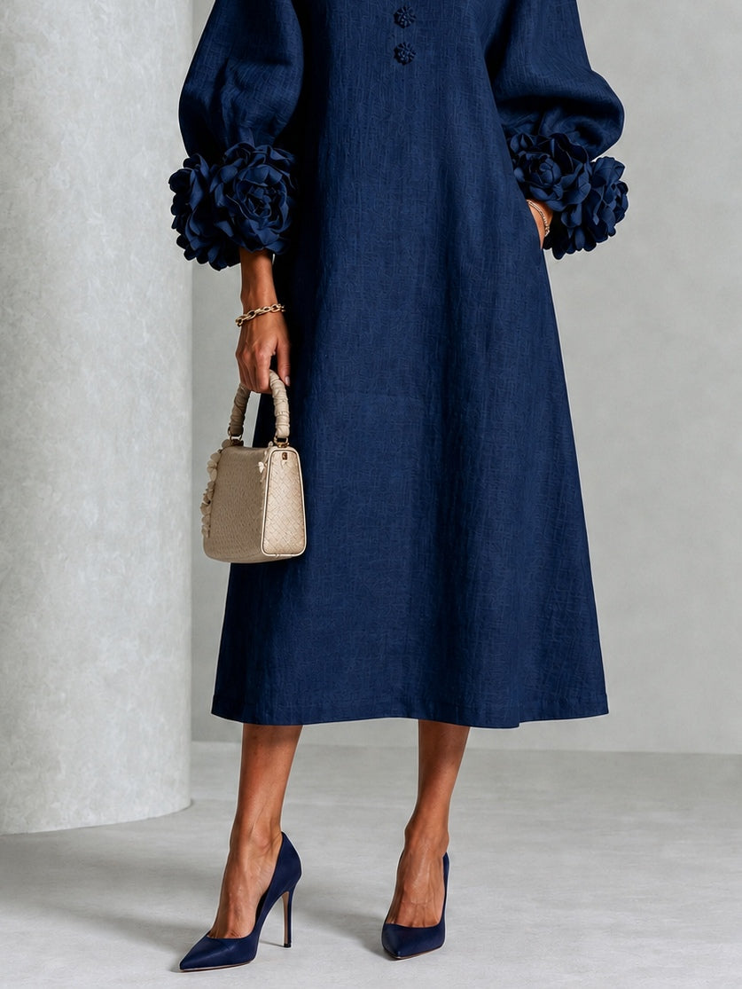 Valentina - Vestido Midi Azul Marino Floral con Botones y Mangas Extravagantes