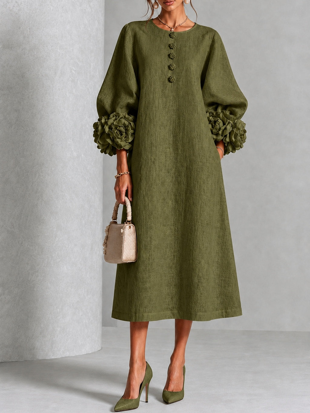 Brenda - Vestido Midi Verde Olivo con Botones y Mangas Florales Extravagantes