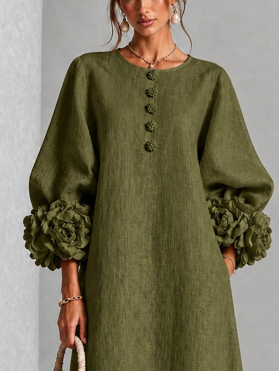 Brenda - Vestido Midi Verde Olivo con Botones y Mangas Florales Extravagantes