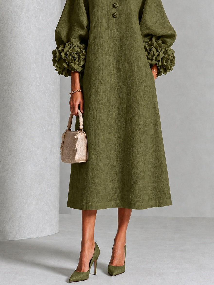Brenda - Vestido Midi Verde Olivo con Botones y Mangas Florales Extravagantes