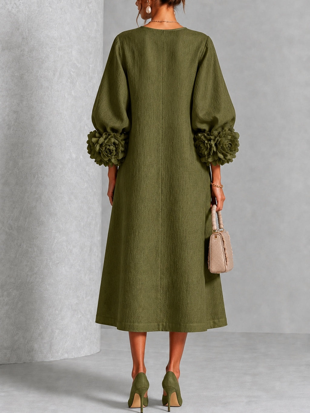 Brenda - Vestido Midi Verde Olivo con Botones y Mangas Florales Extravagantes