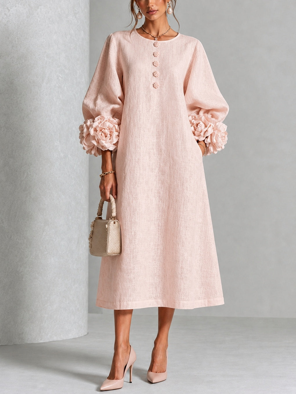 Rosalía - Vestido Midi Rosa Floral con Botones y Mangas Extravagantes
