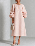 Rosalía - Vestido Midi Rosa Floral con Botones y Mangas Extravagantes