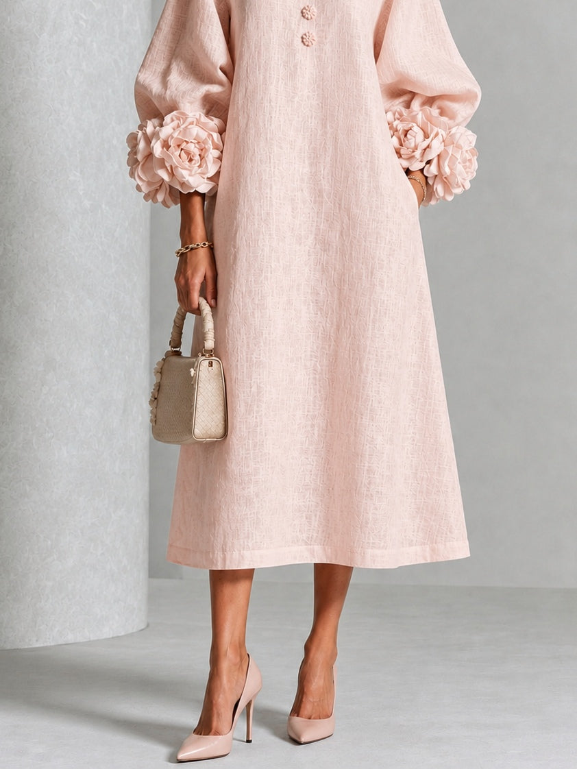 Rosalía - Vestido Midi Rosa Floral con Botones y Mangas Extravagantes