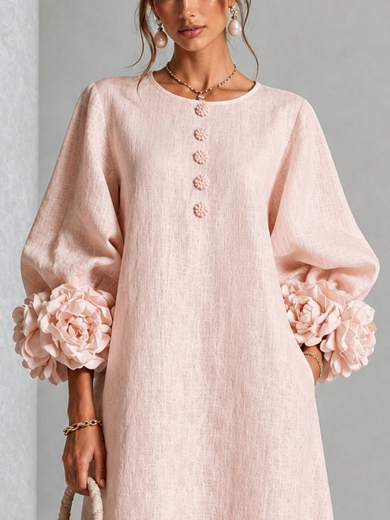 Rosalía - Vestido Midi Rosa Floral con Botones y Mangas Extravagantes