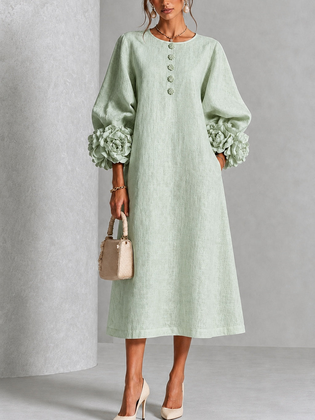 Esmeralda - Vestido Midi Salvia Místico con Botones y Mangas Florales Extravagantes