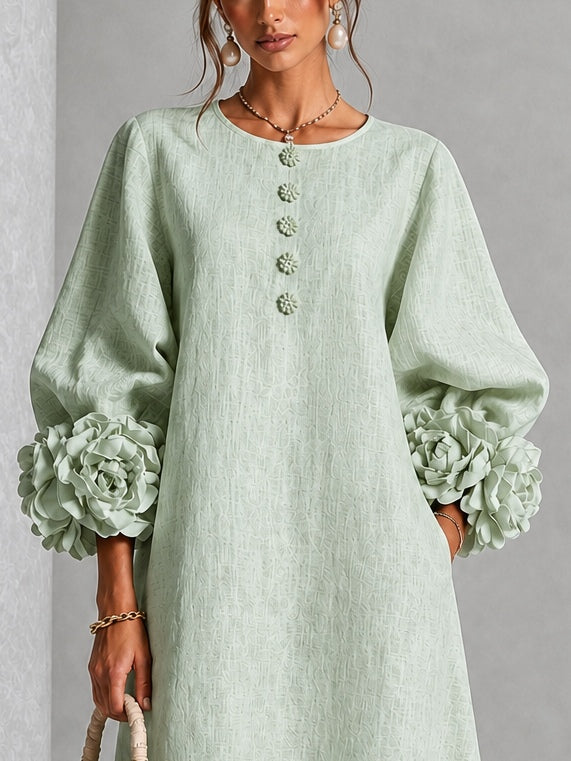 Esmeralda - Vestido Midi Salvia Místico con Botones y Mangas Florales Extravagantes