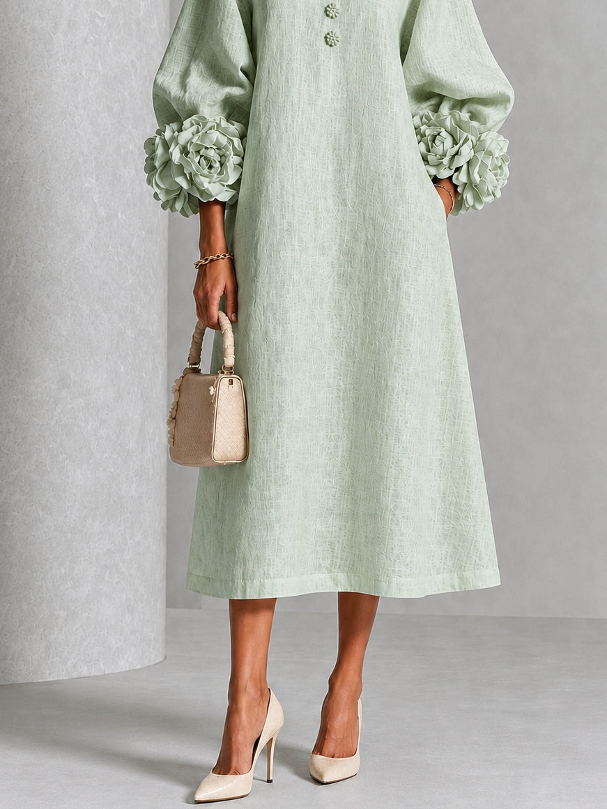 Esmeralda - Vestido Midi Salvia Místico con Botones y Mangas Florales Extravagantes