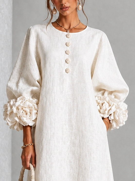 Celeste - Vestido Midi Blanco con Botones y Mangas Decoradas