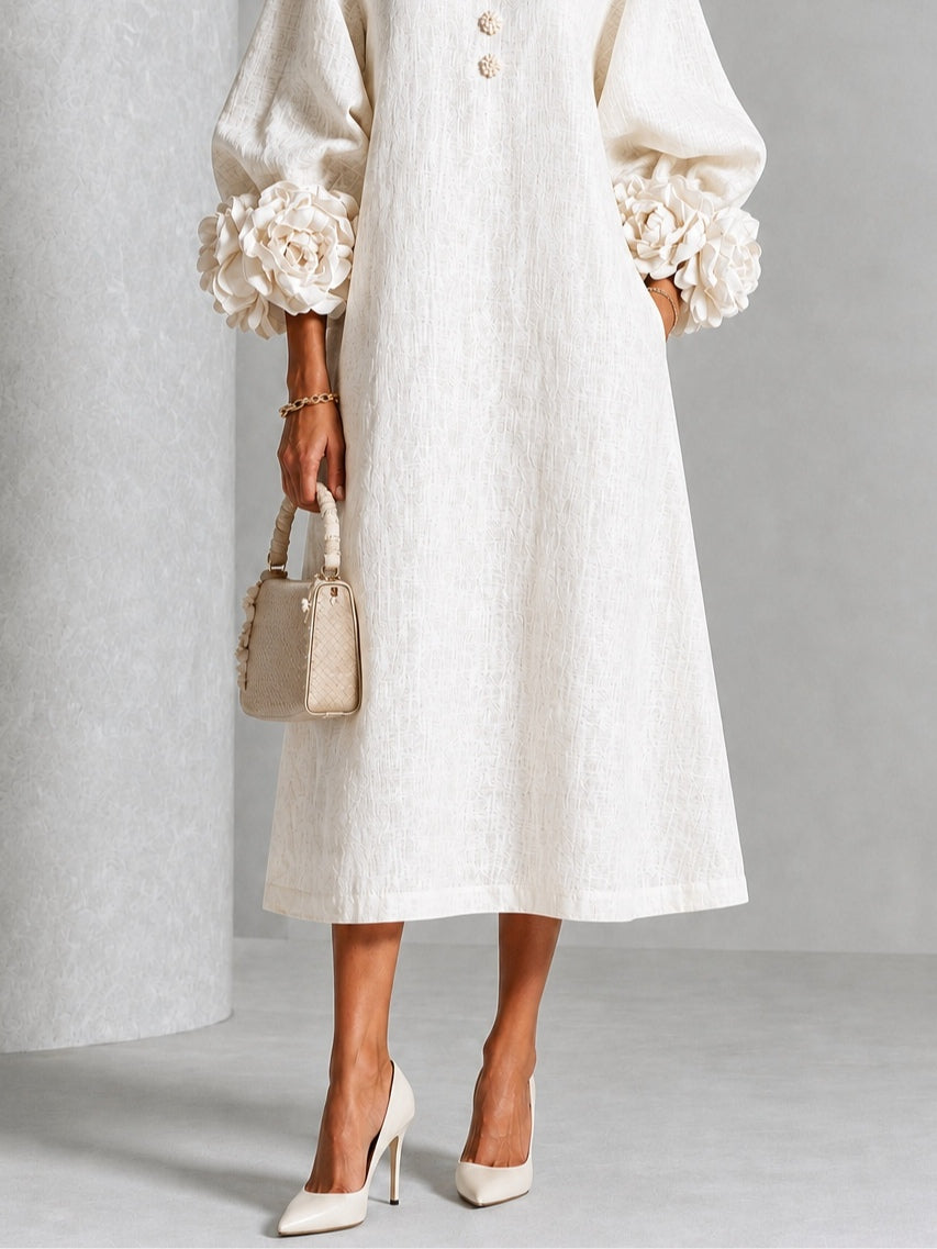 Celeste - Vestido Midi Blanco con Botones y Mangas Decoradas