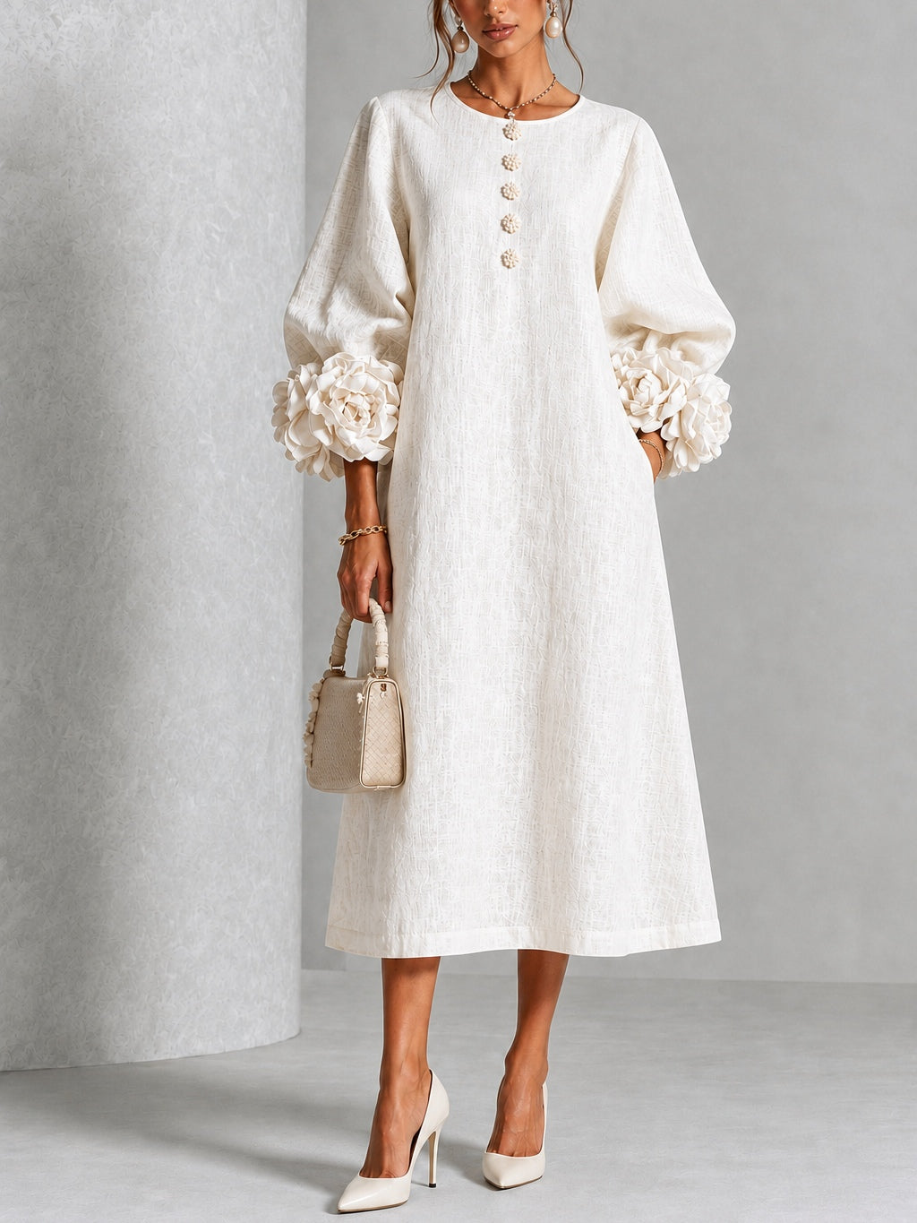 Celeste - Vestido Midi Blanco con Botones y Mangas Decoradas