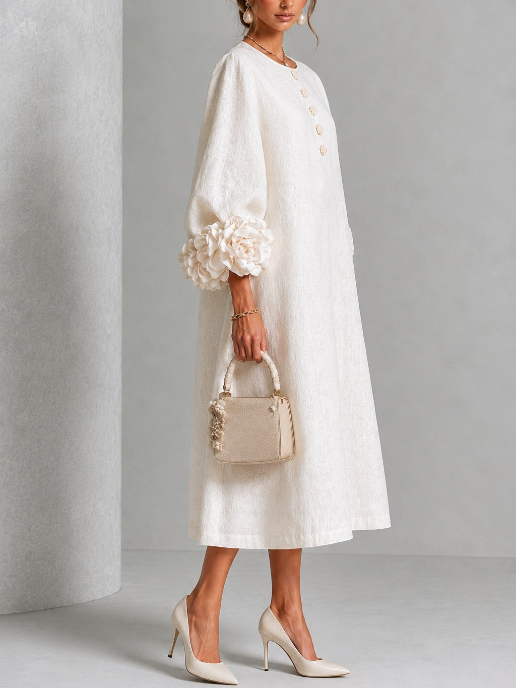 Celeste - Vestido Midi Blanco con Botones y Mangas Decoradas