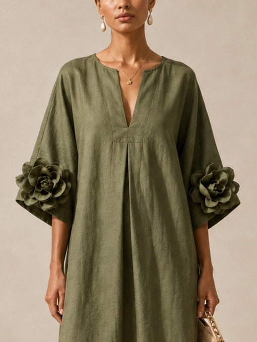 Talia - Vestido Midi Verde Olivo con Escote en V y Mangas Florales Extravagantes