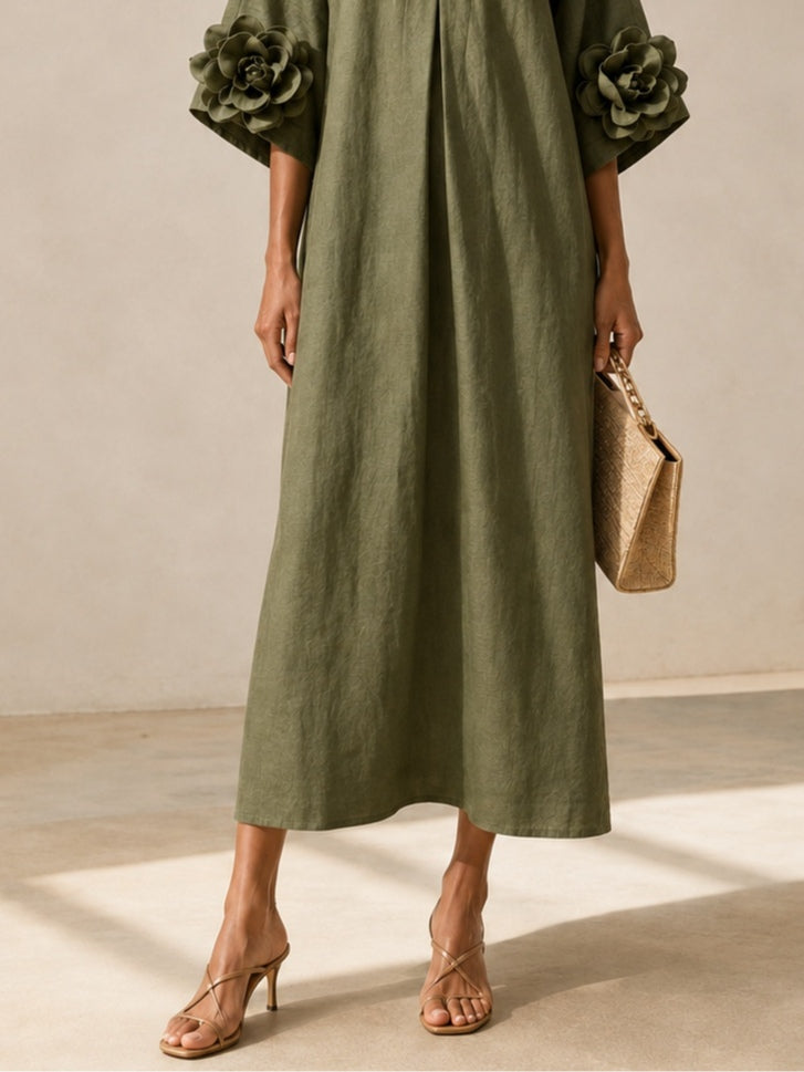 Talia - Vestido Midi Verde Olivo con Escote en V y Mangas Florales Extravagantes