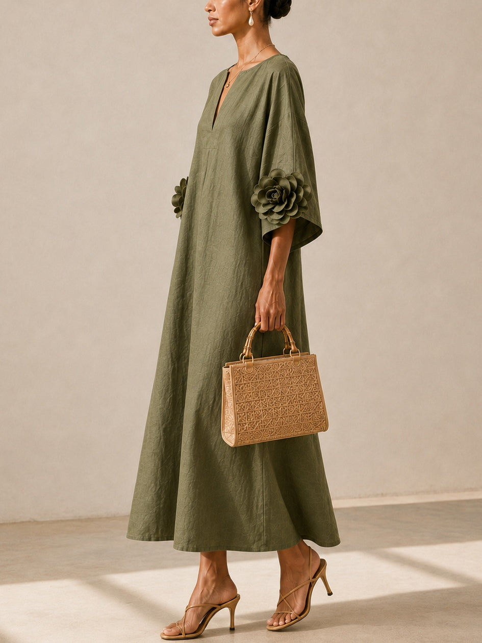 Talia - Vestido Midi Verde Olivo con Escote en V y Mangas Florales Extravagantes