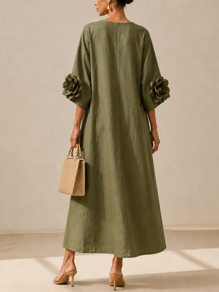 Talia - Vestido Midi Verde Olivo con Escote en V y Mangas Florales Extravagantes