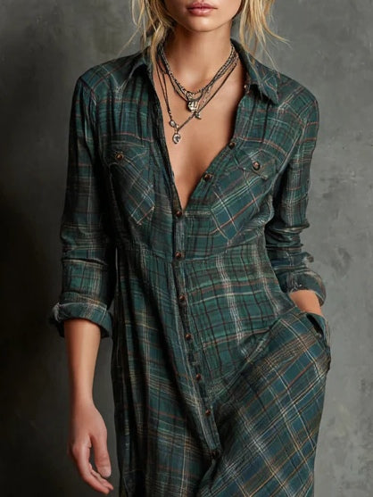 Greta - Vestido Largo de Camisa con Solapa a Cuadros Verdes