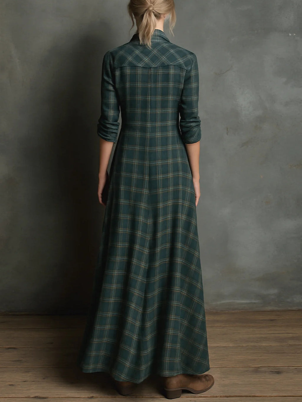 Greta - Vestido Largo de Camisa con Solapa a Cuadros Verdes