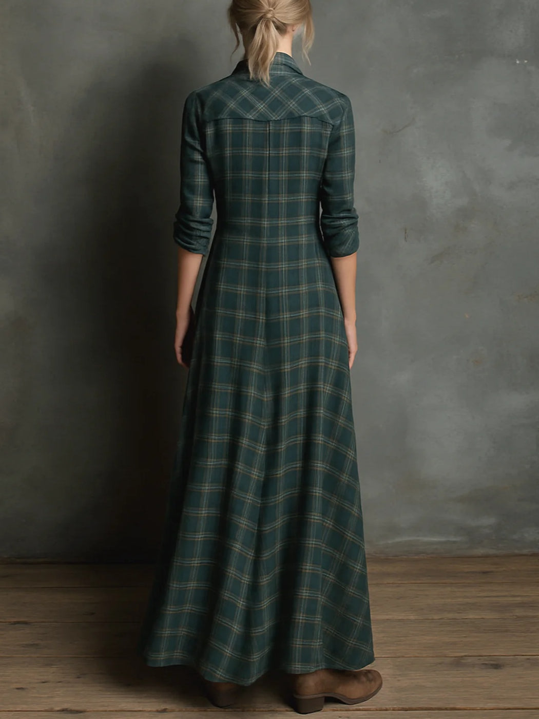 Greta - Vestido Largo de Camisa con Solapa a Cuadros Verdes