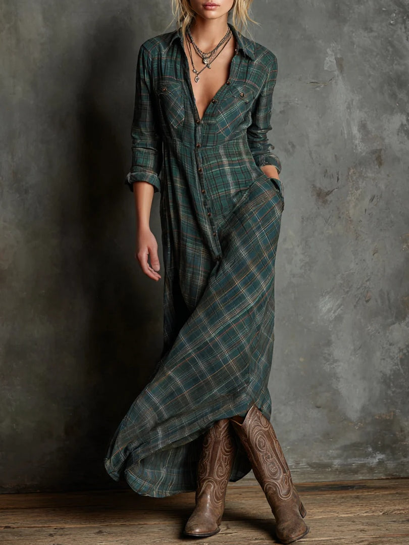 Greta - Vestido Largo de Camisa con Solapa a Cuadros Verdes