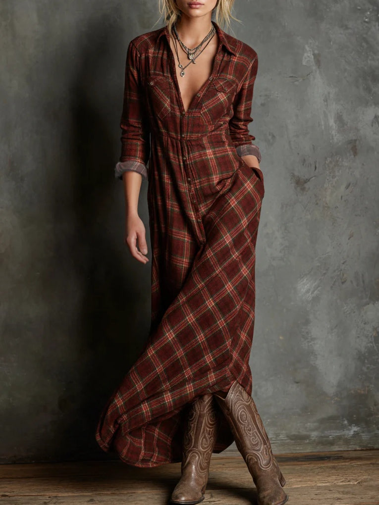 Greta - Vestido Largo de Camisa con Solapa a Cuadros Verdes