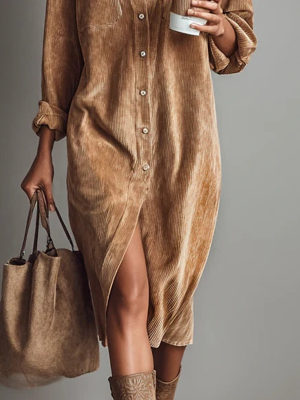 Marion - Vestido Midi de Pana con Doble Bolsillo y Botonadura Sencilla
