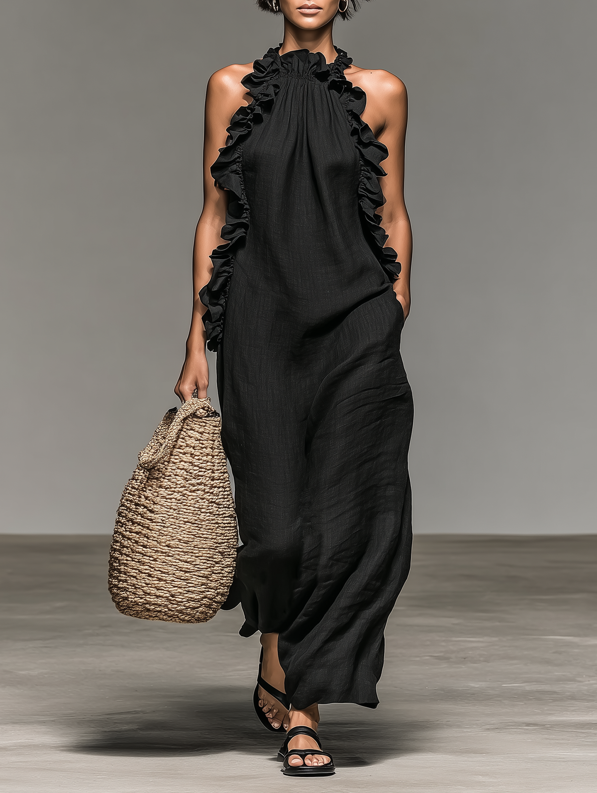 Vestido Maxi sin Mangas de Lino con Detalles de Volantes