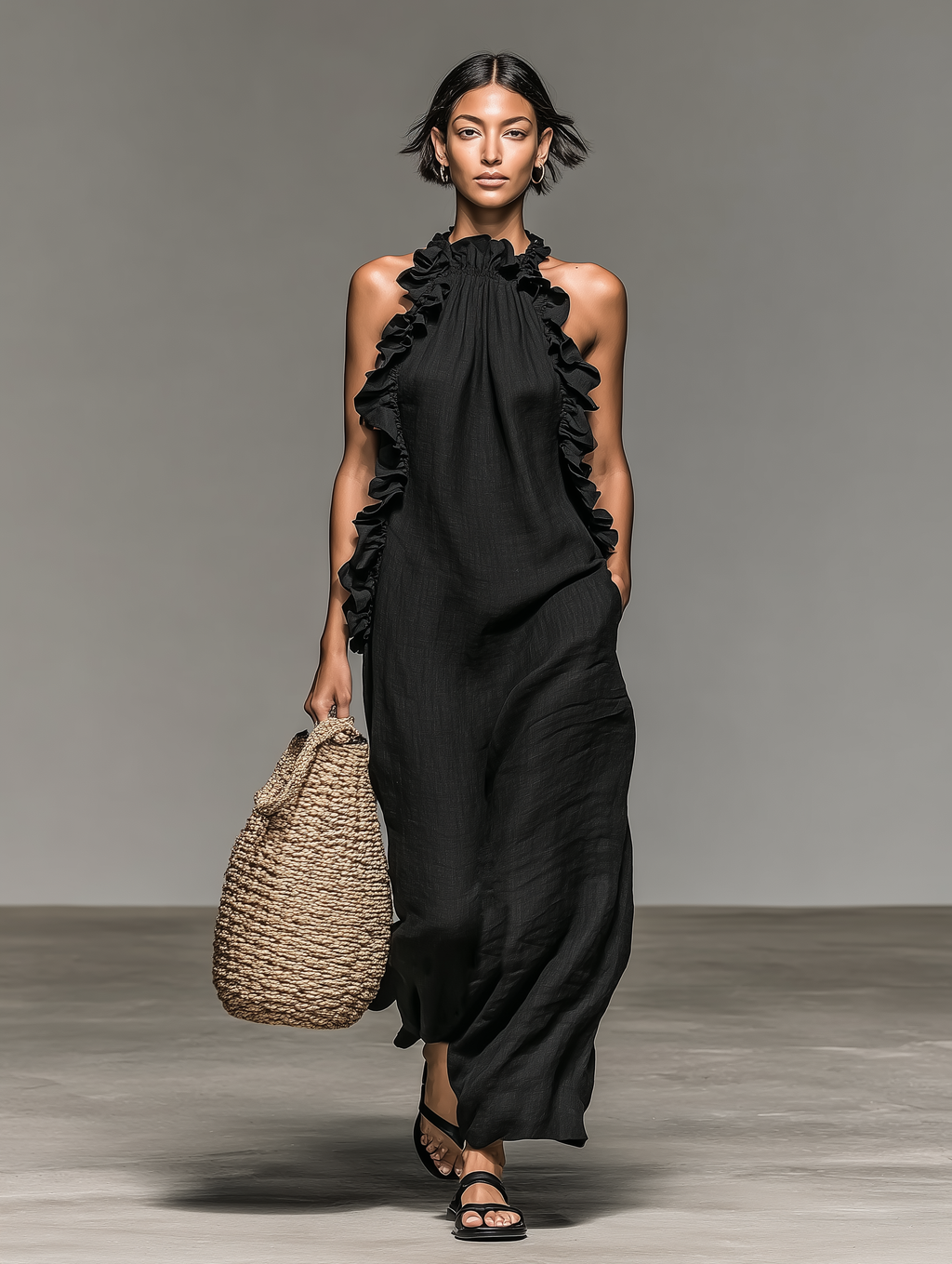 Vestido Maxi sin Mangas de Lino con Detalles de Volantes