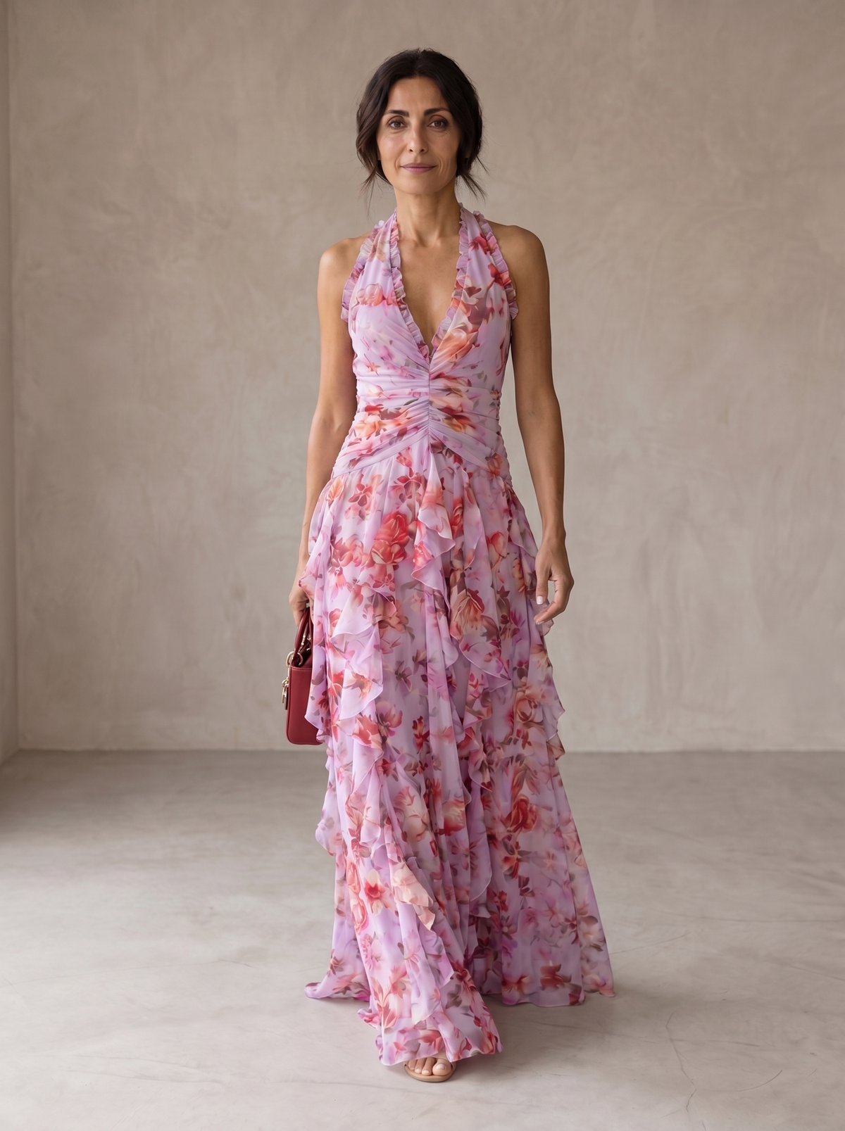 Adriana | Romántico Vestido Largo en Cascada de Rosas con Cuello Halter