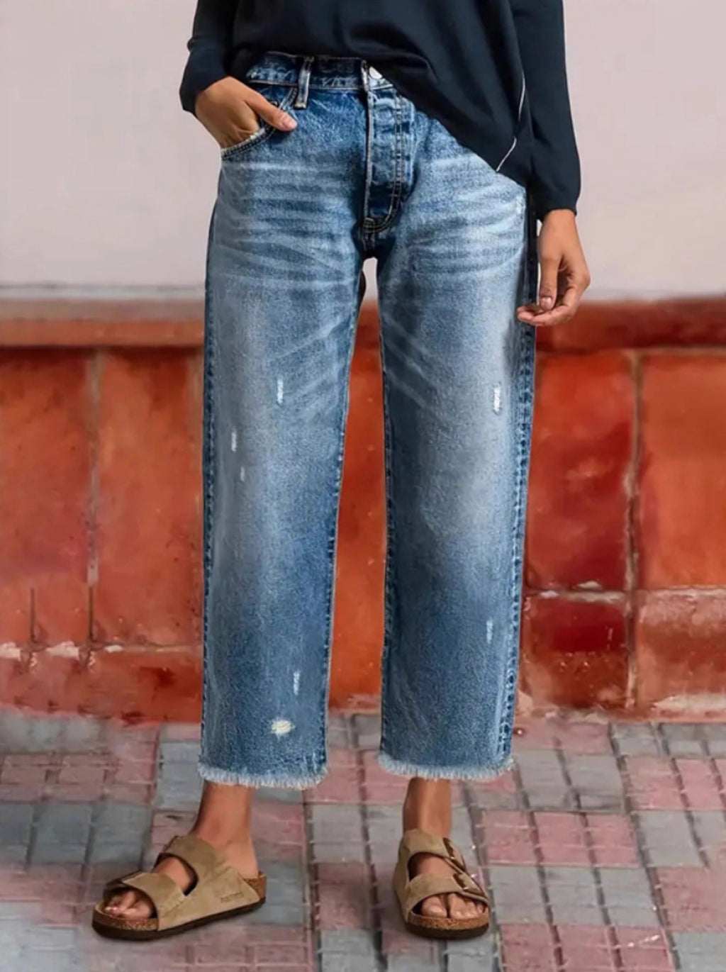 Dina - Pantalones vaqueros rectos cortos retro para mujer