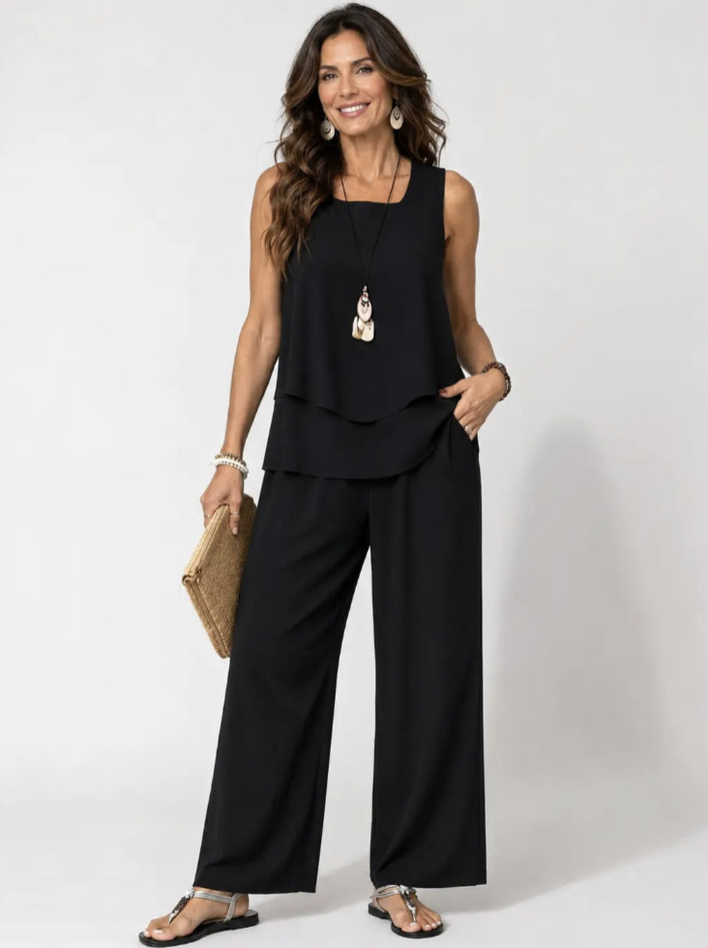 Eloísa™ | Conjunto Negro Top en Capas y Pantalón Ancho