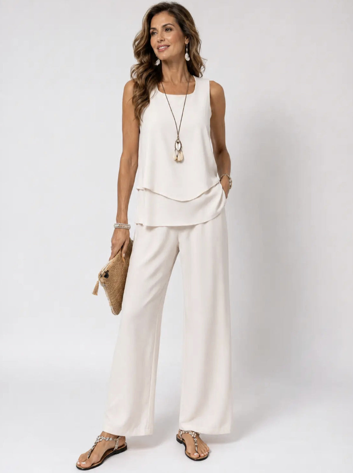 Leandra™ | Conjunto Crema Satinado Top en Capas y Pantalón