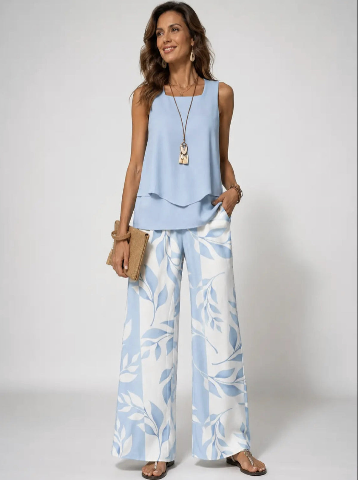 Olalla™ | Conjunto Azul Celeste Blusa y Pantalón Botánico