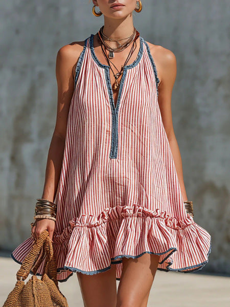 Fiammetta | Vestido Mini sin Mangas a Rayas con Volantes y Escote Redondo