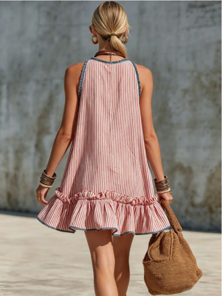 Fiammetta | Vestido Mini sin Mangas a Rayas con Volantes y Escote Redondo
