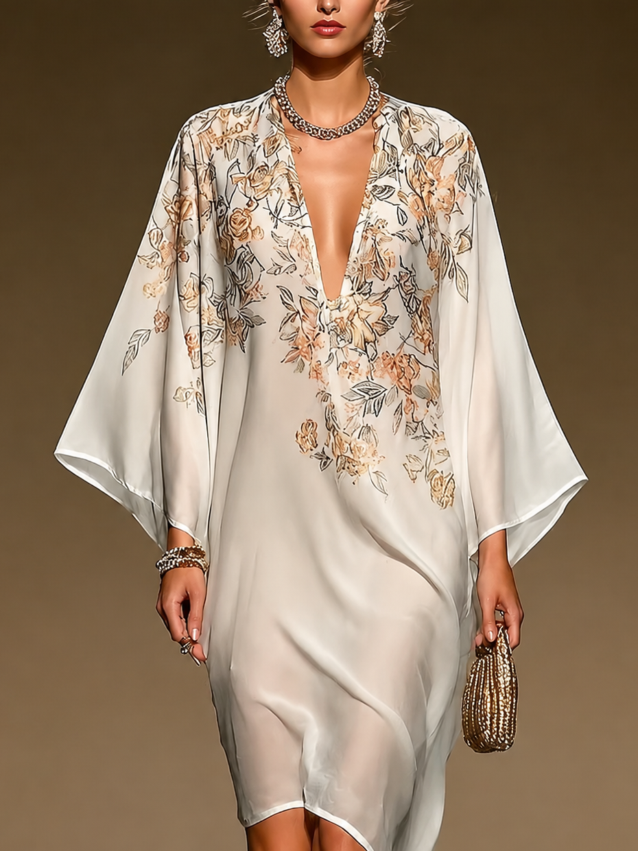 Dalia - Túnica de Gasa Beige con Estampado Floral