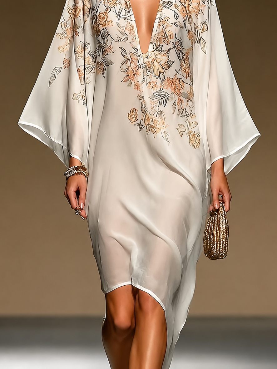 Dalia - Túnica de Gasa Beige con Estampado Floral
