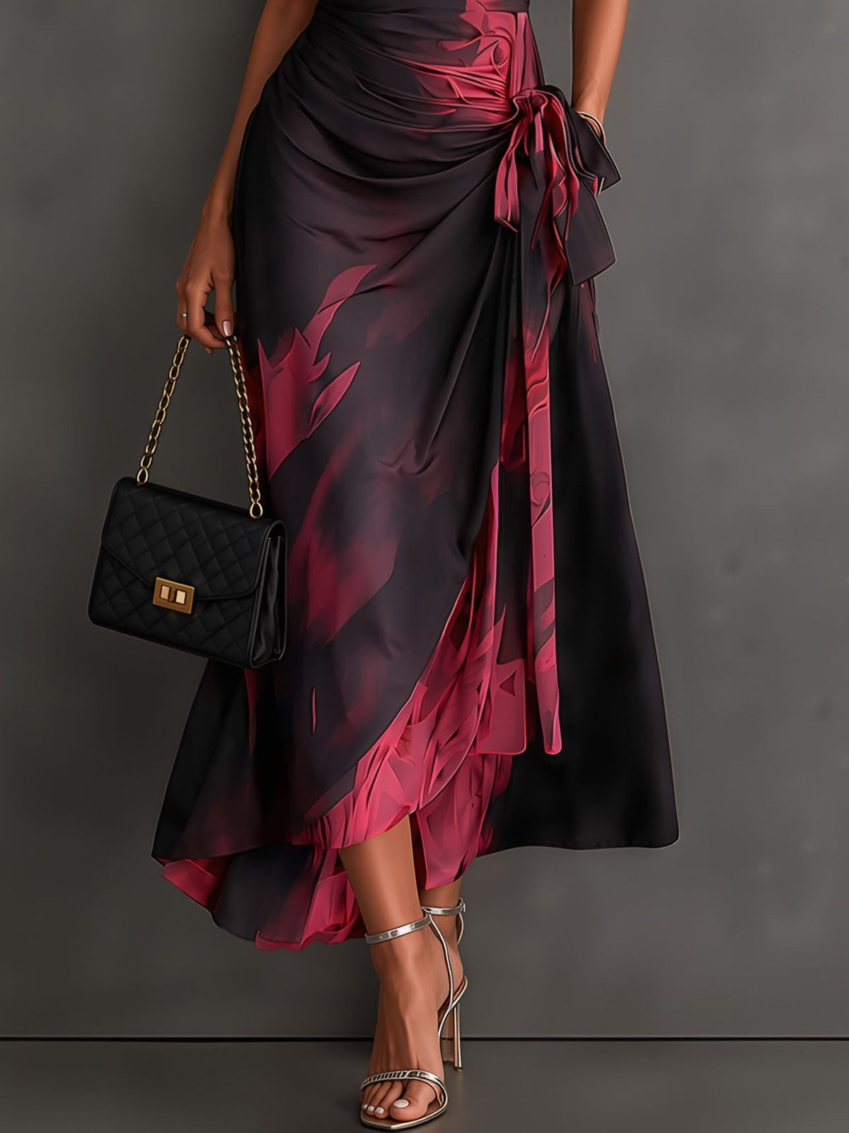 Aurora - Vestido Midi Cruzado con Estampado Abstracto Rojo y Negro