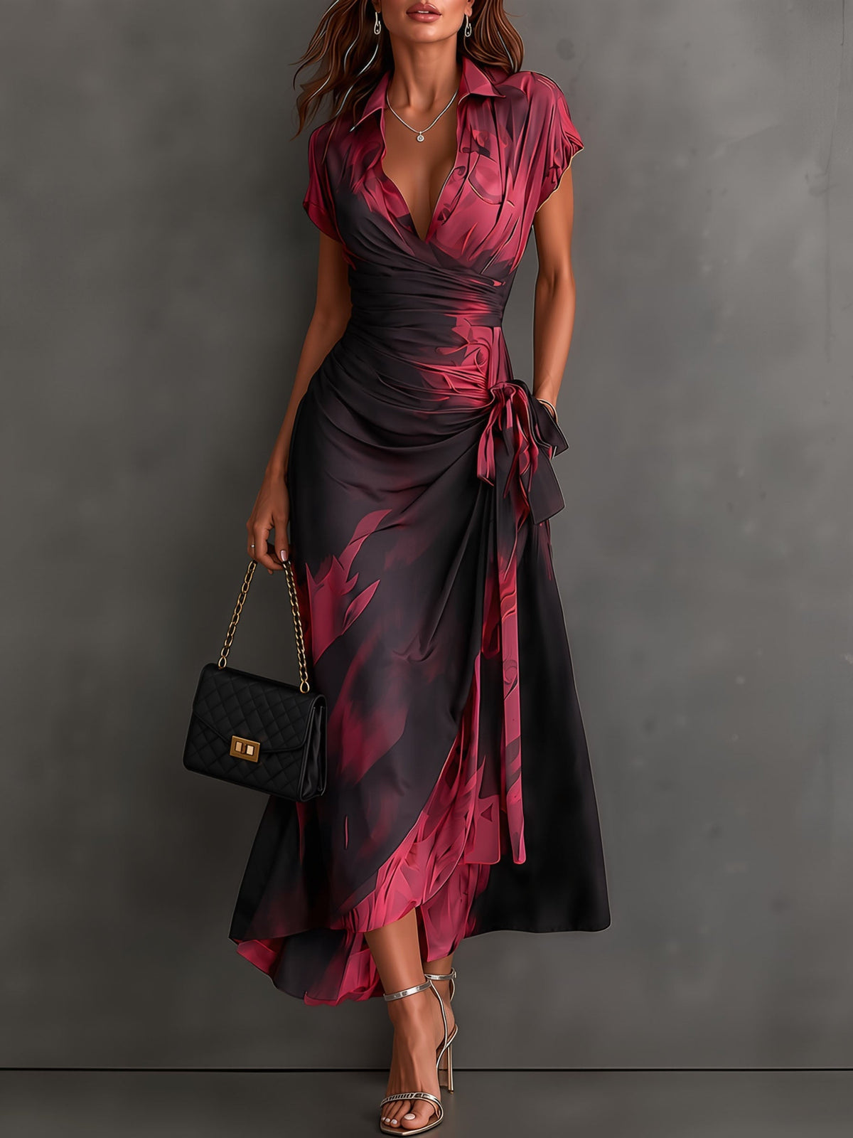 Aurora - Vestido Midi Cruzado con Estampado Abstracto Rojo y Negro